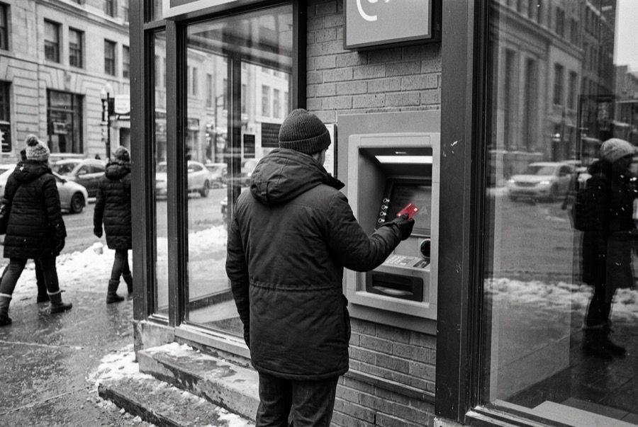 A person in a winter coat using a bank machine on a snowy street