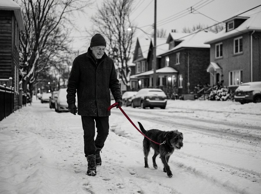 Un homme âgé sourit en promenant son chien dans une rue enneigée, la laisse rouge