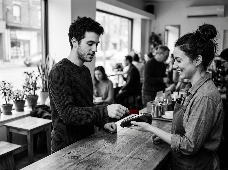 Un jeune homme paie avec une carte de crédit rouge au comptoir d’un café