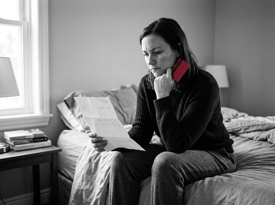 Une femme assise sur son lit lit un relevé, une carte de crédit rouge à la main