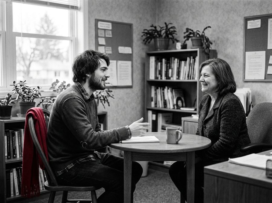 A young man talking through his options with a counsellor at a small table, a red scarf on his chair