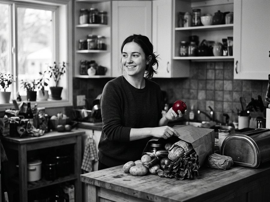 Une femme sourit en déballant son épicerie dans sa cuisine, une pomme rouge à la main