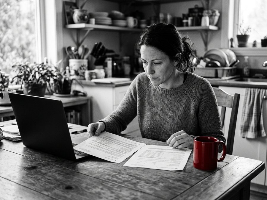 Une femme compare deux offres de prêt à la table de sa cuisine, près d’un ordinateur portable, une tasse rouge à portée de main