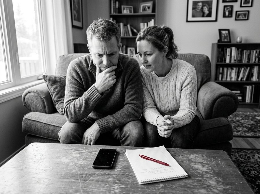Un couple sur son divan écoute un appel sur haut-parleur, un stylo rouge posé sur un bloc-notes