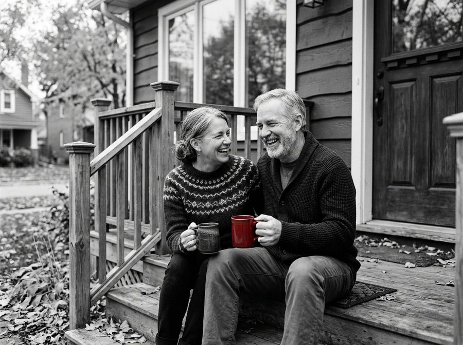 Un couple rit ensemble sur les marches de sa galerie, l’un tenant une tasse rouge
