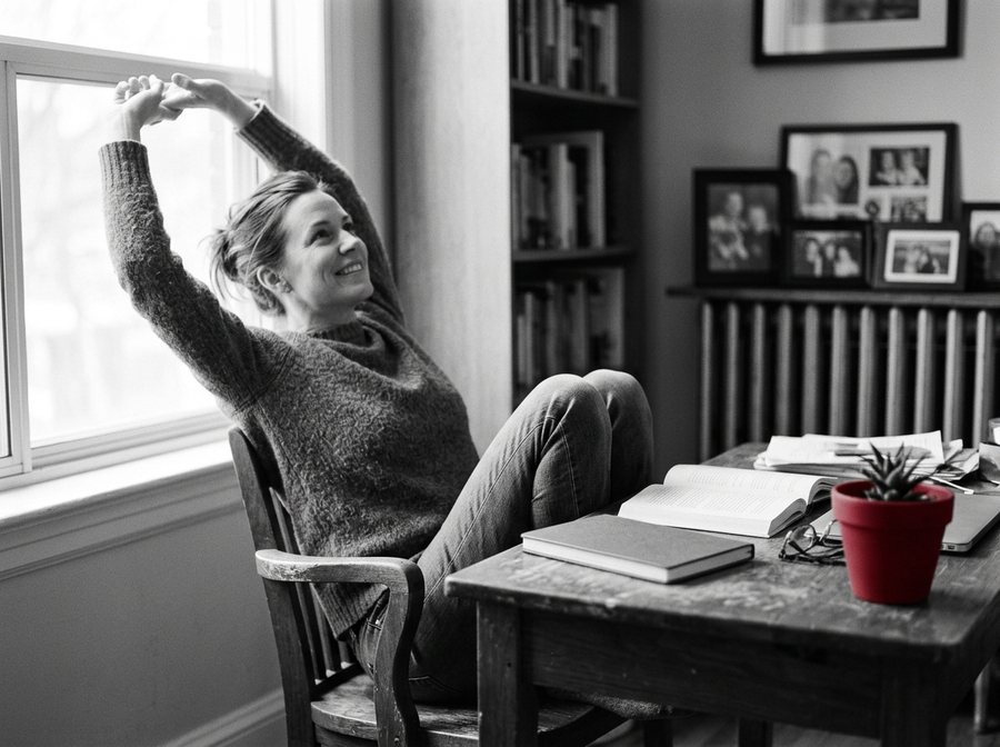 Une femme s’étire dans sa chaise de bureau avec un sourire soulagé, un pot de plante rouge à côté d’elle