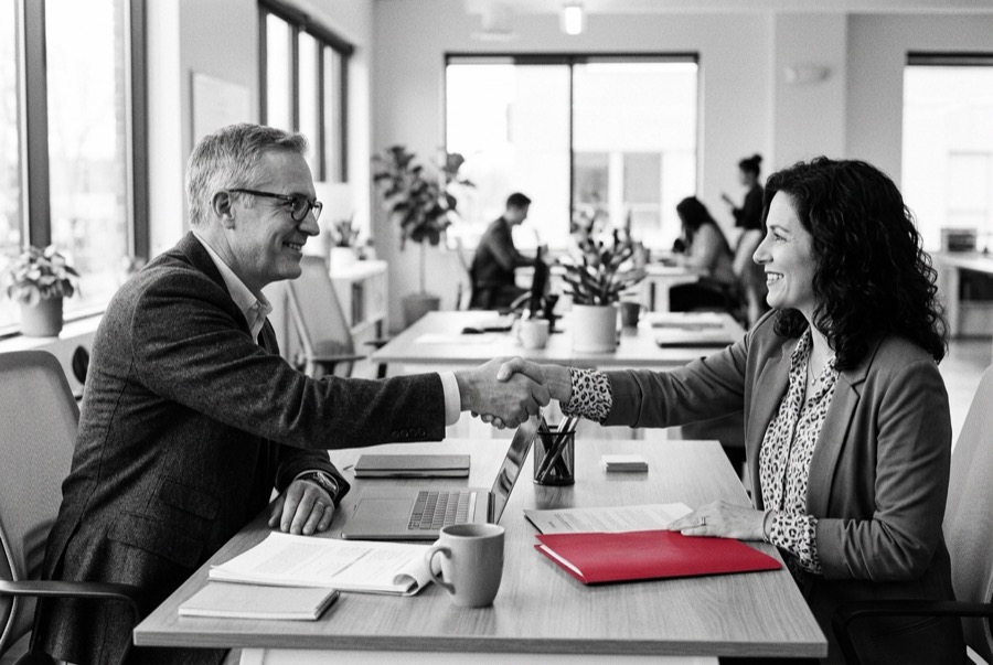 A client and an advisor shaking hands across a desk, a red folder beside them