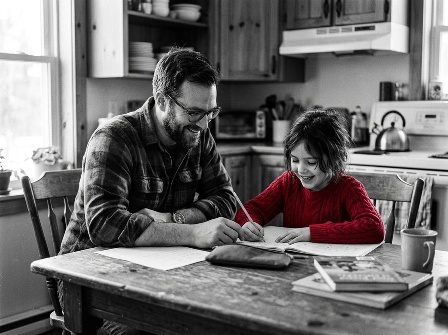 Un père aide sa fille, en chandail rouge, à faire ses devoirs à la table de la cuisine