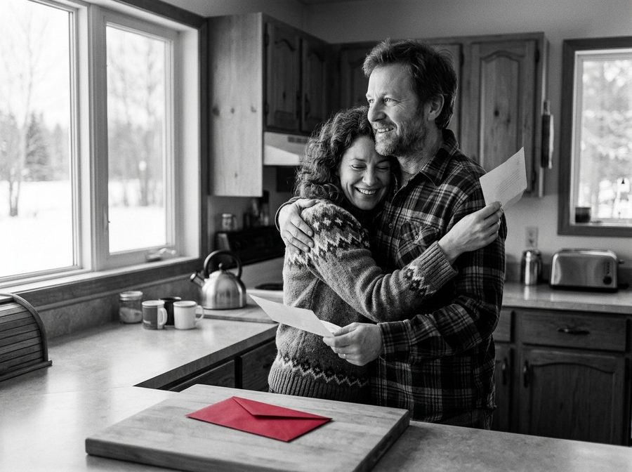 Un couple soulagé s’enlace dans sa cuisine, une enveloppe rouge sur le comptoir