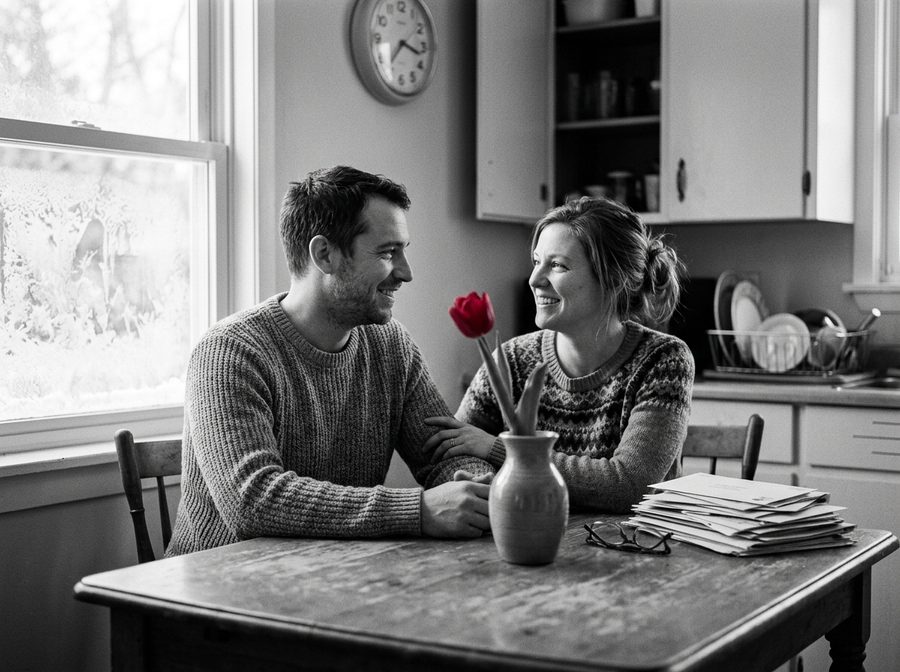Un couple sourit, soulagé, à la table de la cuisine, une tulipe rouge dans un vase