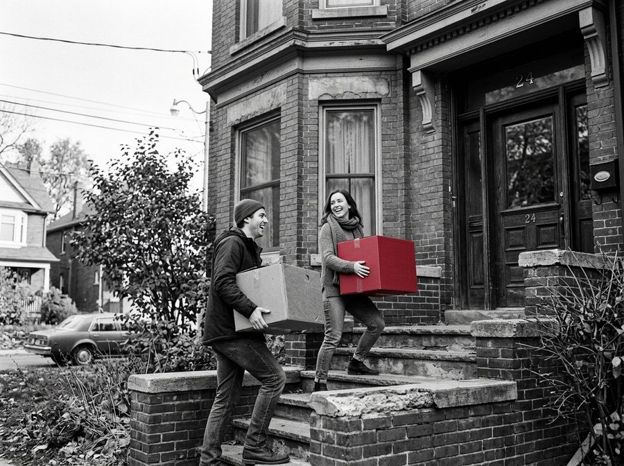 Un jeune couple monte les marches d’un immeuble à logements avec des boîtes de déménagement, dont une rouge