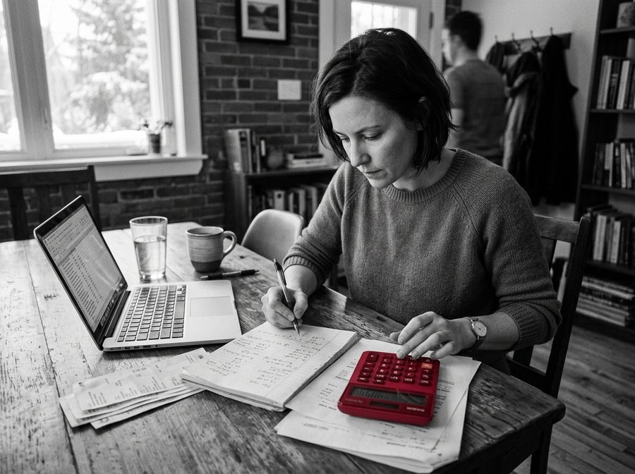 A woman working out a debt payoff plan at the dining table, a red calculator beside her