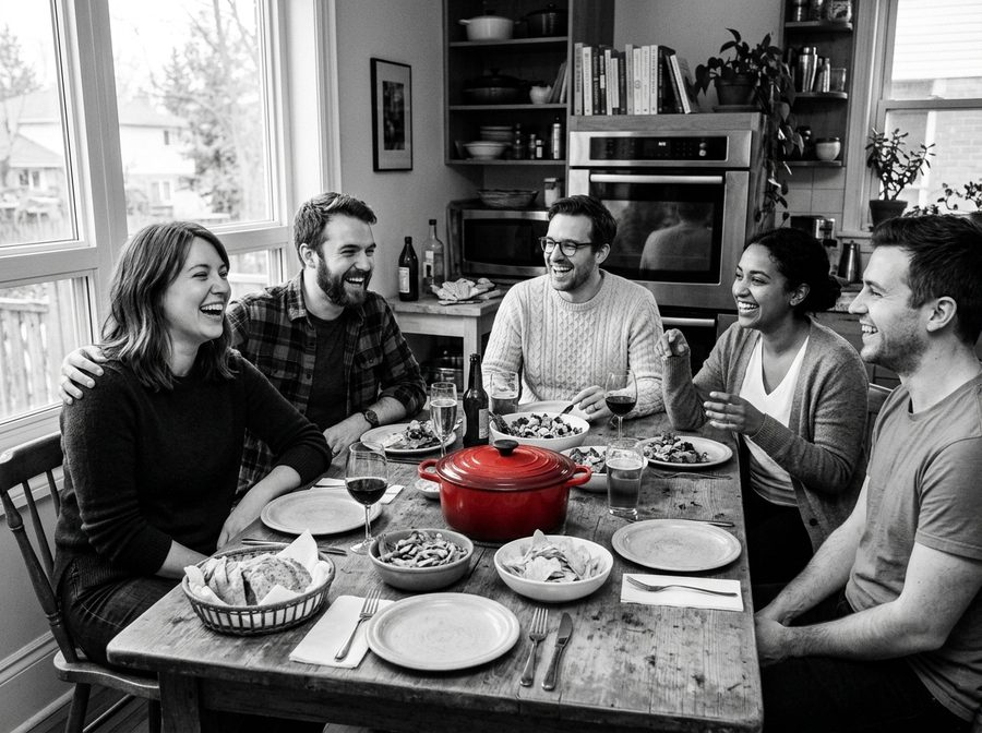 Friends laughing around a potluck dinner at home, a red casserole on the table
