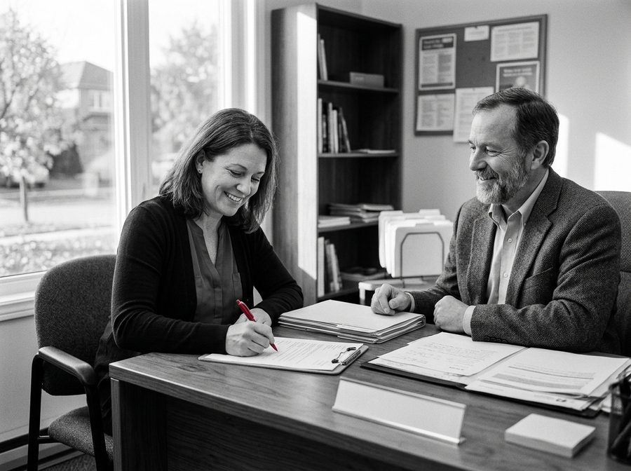 Une femme signe un document devant un conseiller, un stylo rouge à la main