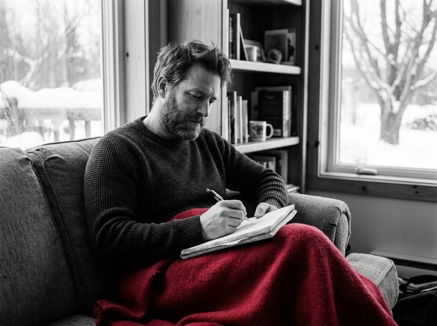A man writing in a notebook on the sofa, a red blanket over his knees