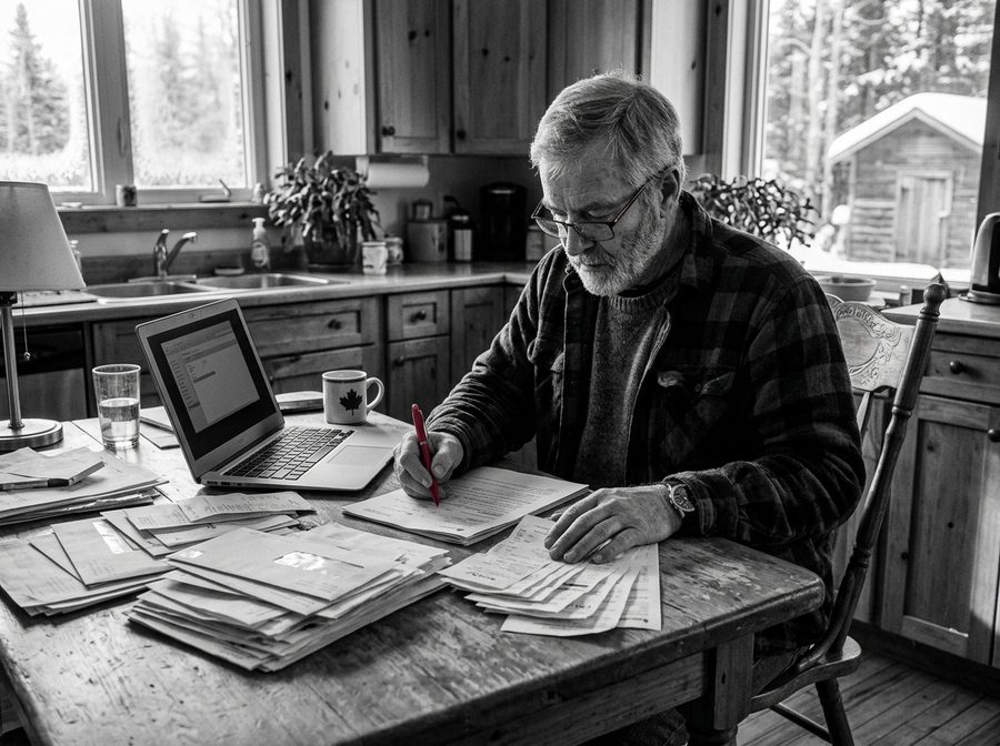 Un homme trie des papiers et des reçus à la table de la cuisine, un stylo rouge à la main