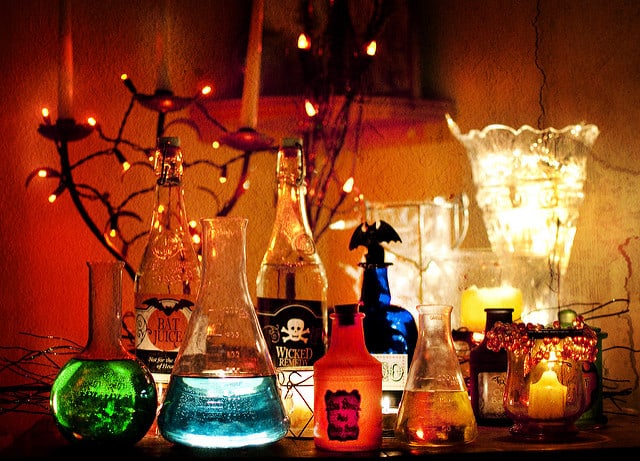 Halloween decorations of poison and chemical bottles