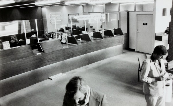 Black and white bank lobby